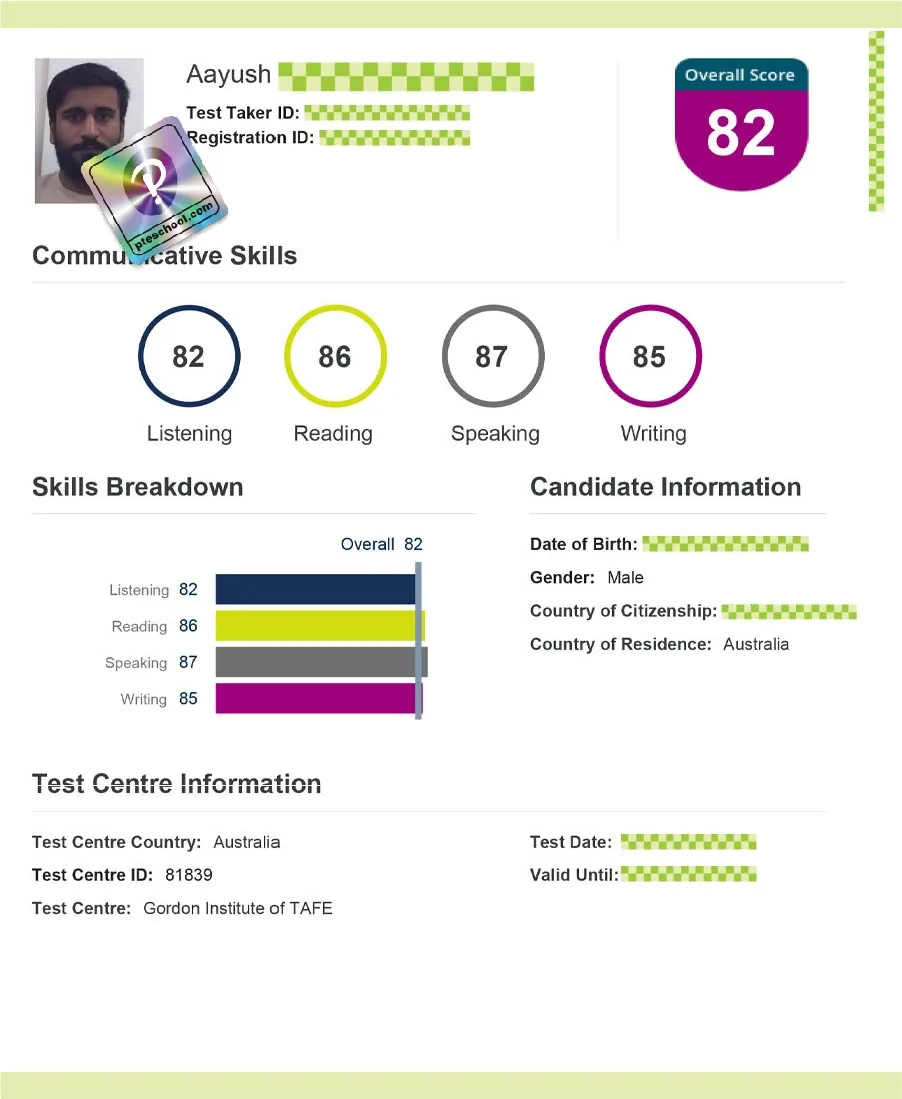 Verified Pearson PTE scorecard from a PTE School student