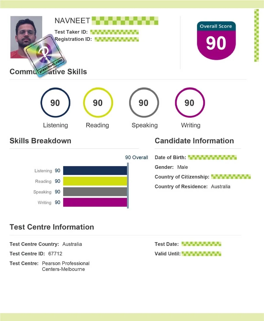 Verified Pearson PTE scorecard from a PTE School student