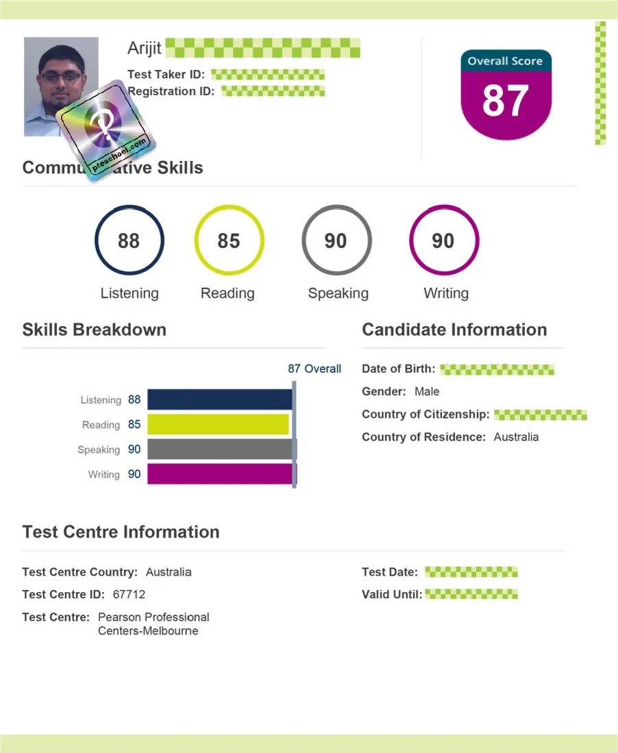 Verified Pearson PTE scorecard from a PTE School student