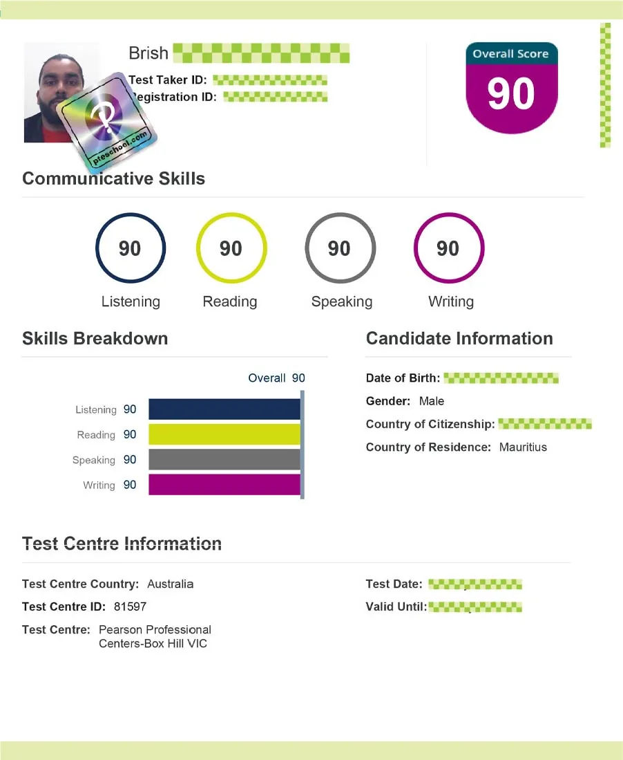 Verified Pearson PTE scorecard from a PTE School student