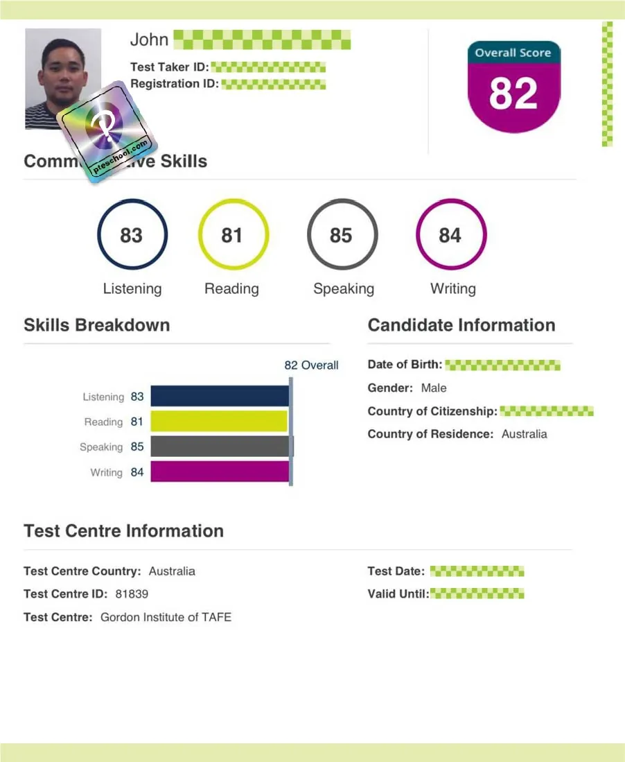 Verified Pearson PTE scorecard from a PTE School student