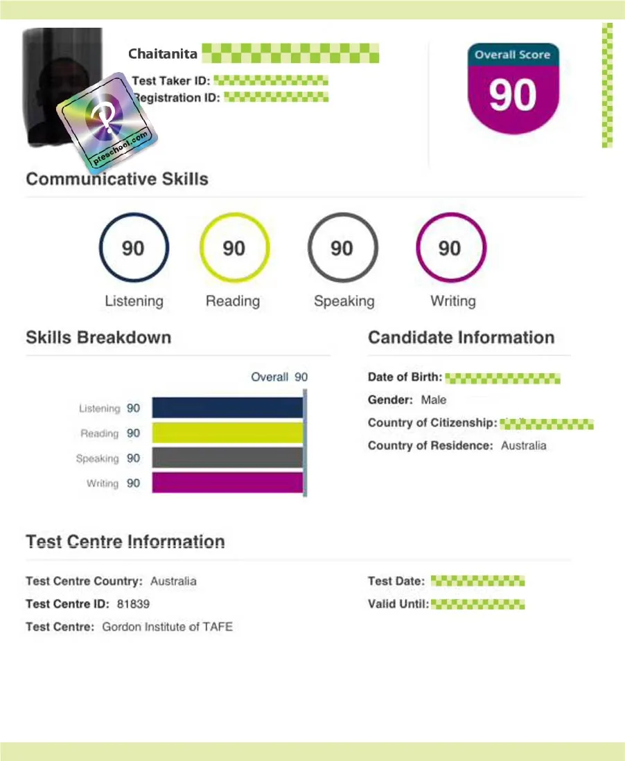 Verified Pearson PTE scorecard from a PTE School student