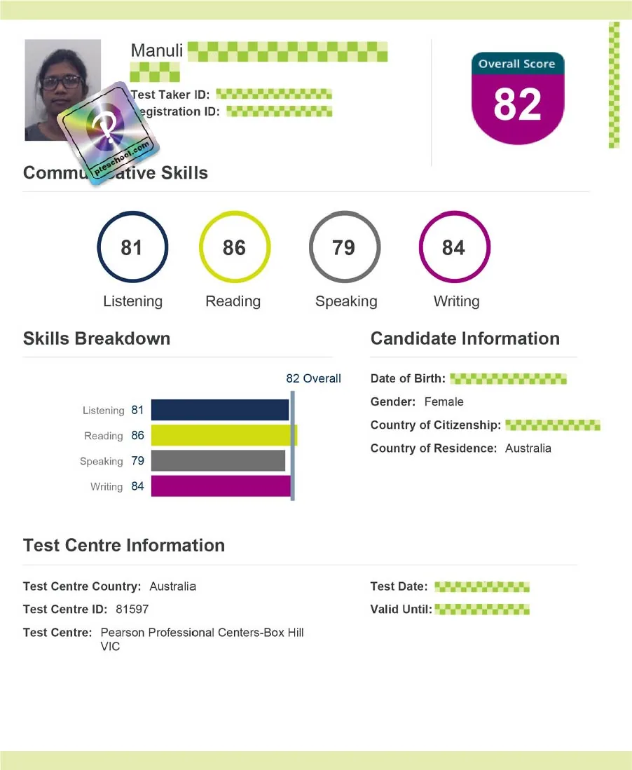Verified Pearson PTE scorecard from a PTE School student