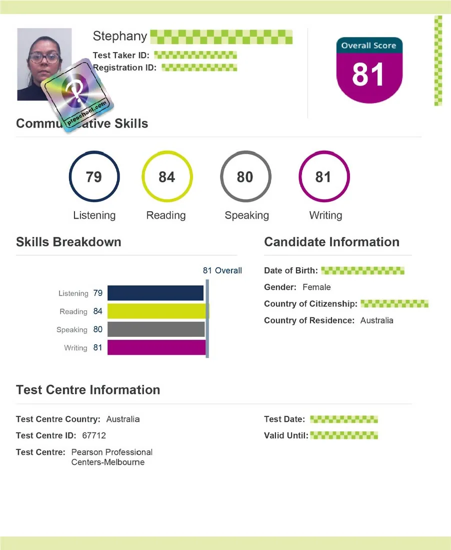 Verified Pearson PTE scorecard from a PTE School student