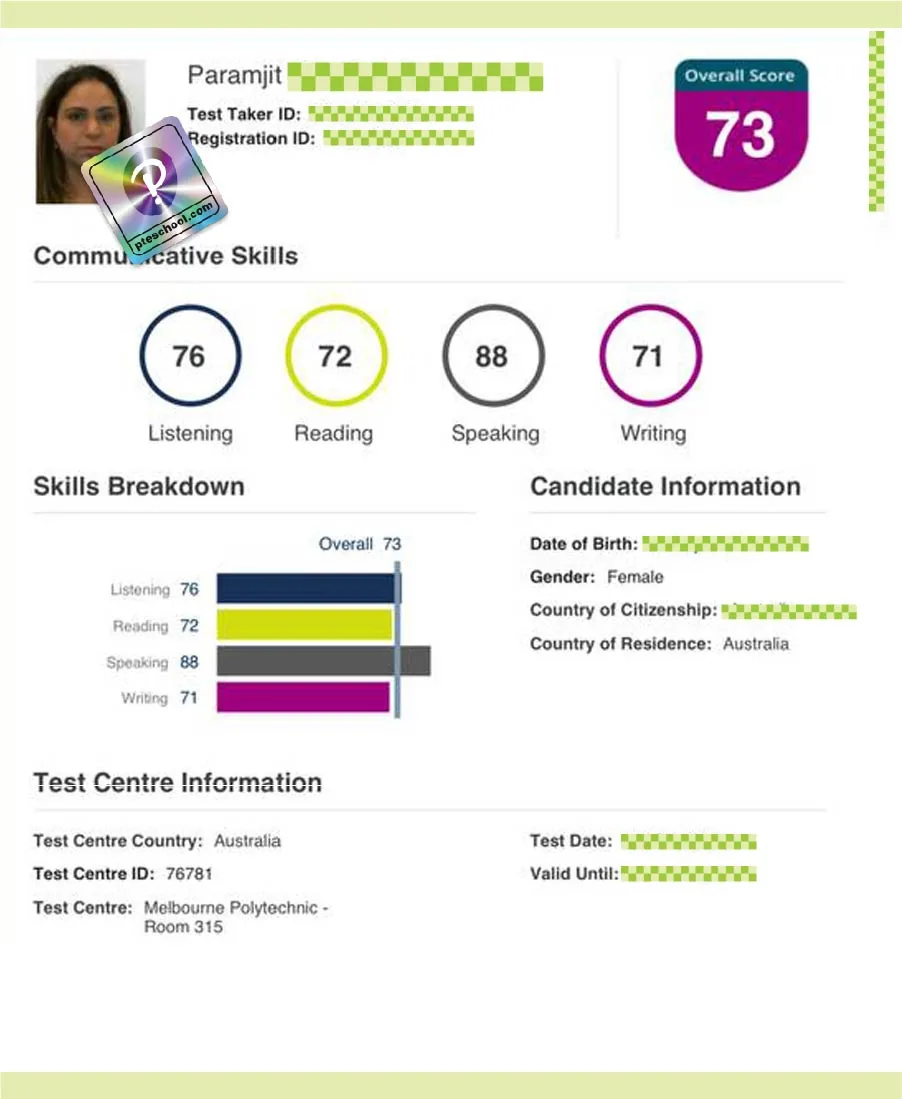 Verified Pearson PTE scorecard from a PTE School student