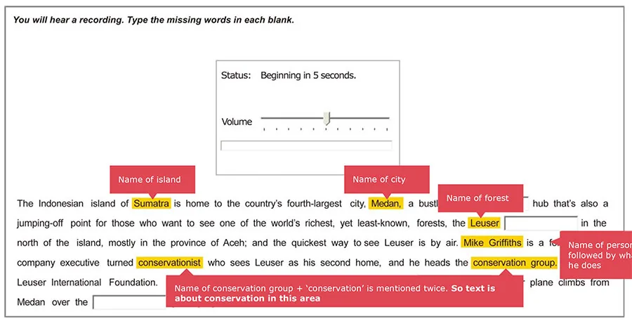 Annotated transcript: name of island, city, forest, person and conservation group highlighted as proper-noun anchors.