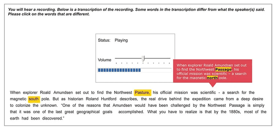 Follow the text with your cursor while listening — example screen showing wrong words clicked