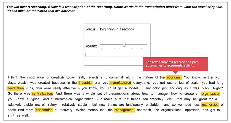 Skim the transcript before listening — example screen showing key information words highlighted