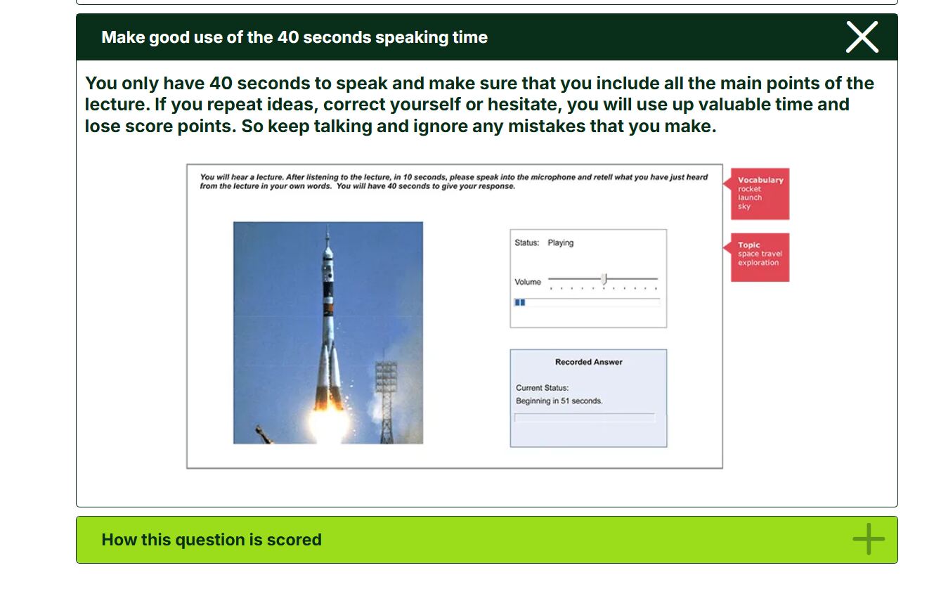 Exam screen showing the 40 seconds speaking time and recorded answer panel
