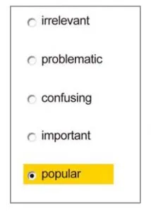 Sample radio-button option list with five choices — 'popular' is selected and highlighted yellow