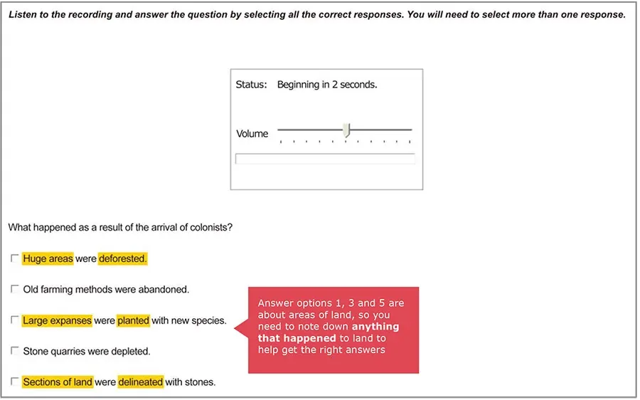 Example: notes for 'What happened as a result of the arrival of colonists?' — options about land highlighted